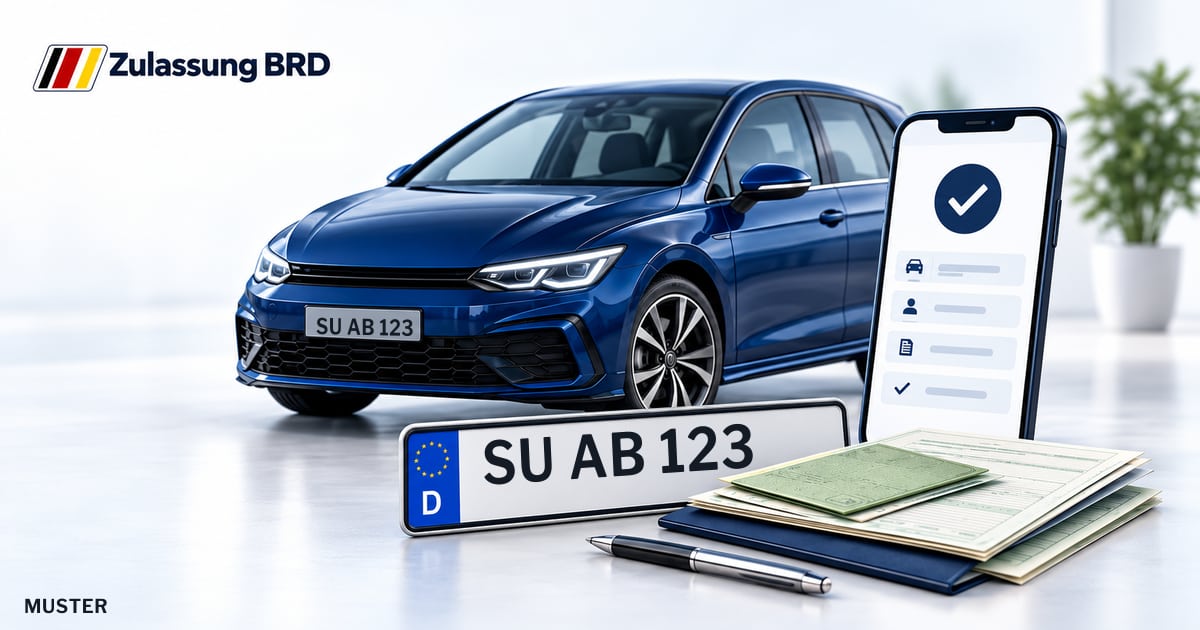 Online Fahrzeugzulassung in Lohmar: Musterkennzeichen SU AB 123, Auto und Fahrzeugpapiere und Smartphone. Illustration mit Logo von Zulassung BRD.